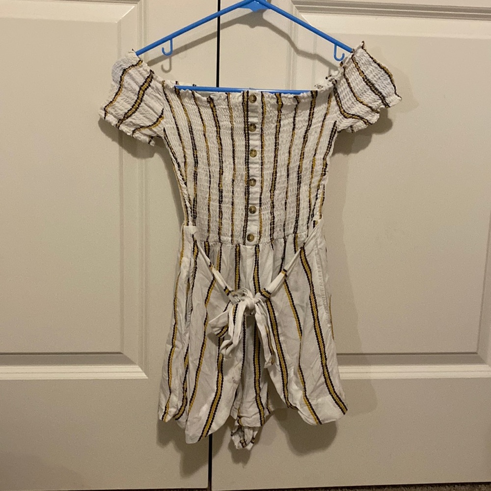 White Striped off the shoulder Romper with faux buttons and bow